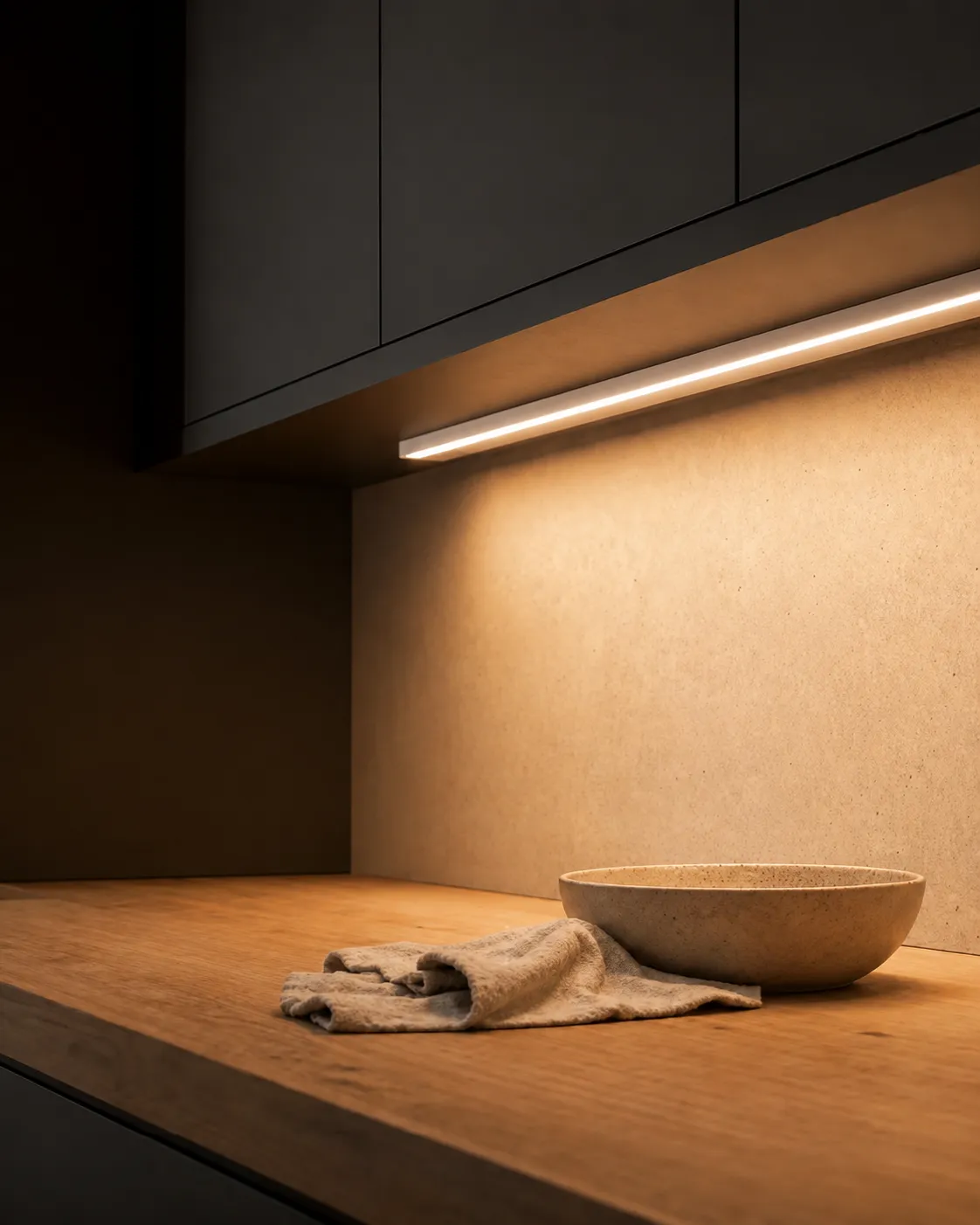 White LumaRail light bar mounted under a dark kitchen cabinet, lighting the countertop below